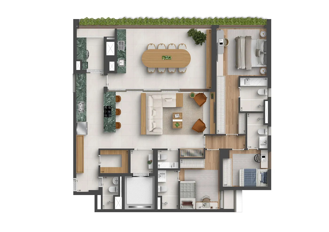 Planta opção de 164 m² com 3 suítes, sala ampliada e cozinha aberta
