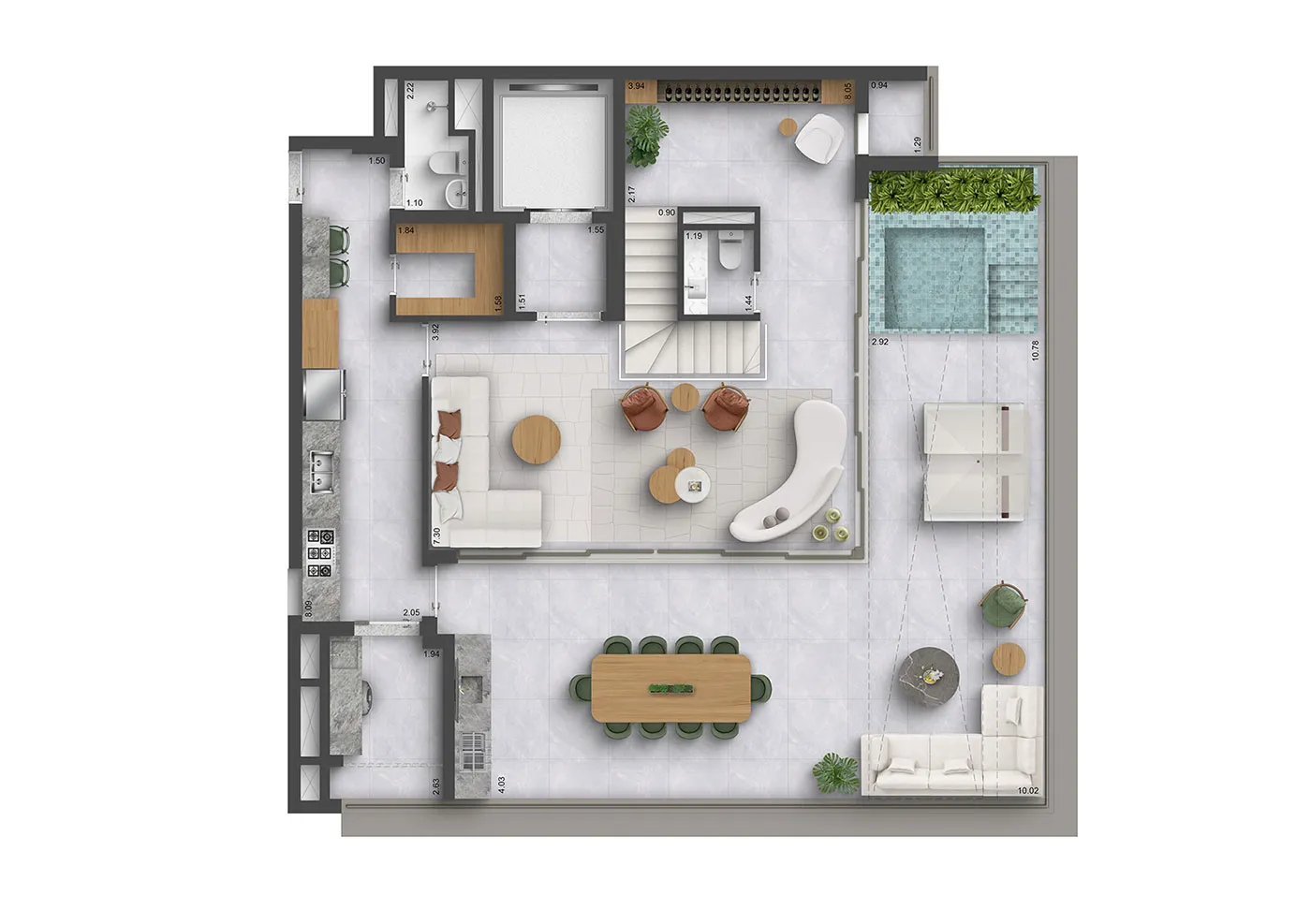 Planta do pavimento superior do duplex de 306 m²
